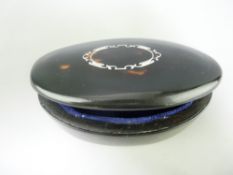EDWARDIAN OVAL TORTOISE SHELL & PIQUET SILVER MOUNTED TRINKET BOX, 13cms across