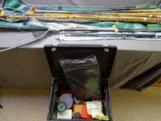FISHING EQUIPMENT including split cane rods, box of accessories, net ETC