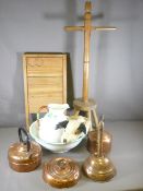 VINTAGE OAK WASHDOLLY and scrubbing board, wash bowl and jug, posser and other copperware with a