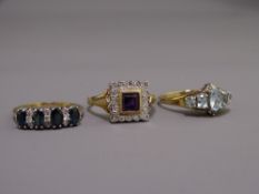 THREE 9CT GOLD GEM SET DRESS RINGS to include a square set moissanite and amethyst, size Mid P-Q,