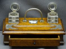 POLISHED VINTAGE DESK TIDY, excellent quality with square based glass inkwells
