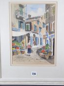 CONTINENTAL SCHOOL watercolour and ink - street scene with flower seller and lady with basket, 24