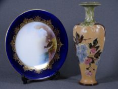 ROYAL DOULTON STONEWARE VASE initialled 'E P', 26cms H and Royal Worcester with ornithological