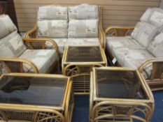 MODERN UPHOLSTERED & BAMBOO CONSERVATORY SUITE, six pieces to include two two seater settees,