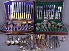 CUTLERY - two polished wooden cases with a quantity of Kings Pattern, bone handled and loose