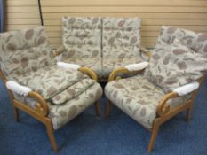 ERCOL-RECENTLY RE-UPHOLSTERED THREE PIECE LOUNGE SUITE with scroll-end arms, 92cms H, 124cms W the