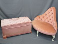 BUTTON UPHOLSTERED BEDROOM CORNER SEAT, chair and matching blanket box, 85cms H, 97cms W, 80cms