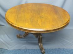 VICTORIAN ROSEWOOD CIRCULAR TOP BREAKFAST TABLE on carved pumpkin column base and three feet,