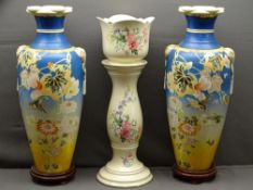 LARGE JAPANESE SATSUMA VASES, a pair, on carved wooden stands, 62cm heights and a modern