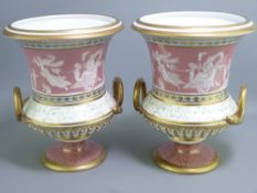 PATE SUR PATE STYLE DECORATED CAMPANA VASES, a pair, pink ground with gilt snake twin handles and