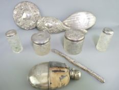 SILVER TOPPED DRESSING TABLE BOTTLES, hallmarked 'Hip Flask' (AF) and a white metal dressing table