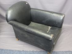 VINTAGE BLACK LEATHER EFFECT ARMCHAIR, 81cms W, 73cms seat depth