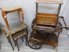 MAHOGANY DINNER WAGON, set of three glass top tables and one other with a reproduction mahogany