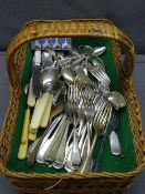 EPNS & OTHER TABLE CUTLERY in a wicker basket