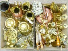 BRASS CANDLE STICKS, Bellows, copper kettle ETC, a large parcel