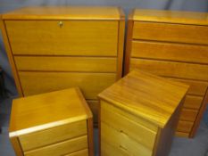 THREE HULSTA BRAND LIGHTWOOD BEDROOM CHESTS plus one other to include a three drawer with drop-