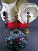 TIFFANY STYLE TABLE LAMP, a pair of brass effect table lamps and household items E/T