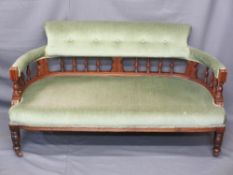 EDWARDIAN MAHOGANY & BUTTON UPHOLSTERED SALON SETEE, 76cms H, 140cms W, 66cms D