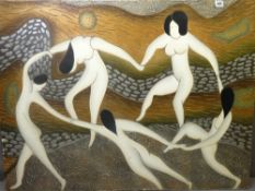 COMPOSITION ART FORM WALL BOARD, sgraffito style decoration of a group of naked dancing females (