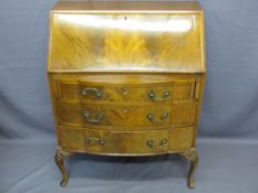 VINTAGE WALNUT FALL-FRONT BUREAU on carved knee supports, 102cms H, 76cms W, 44cms D