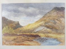 FARQUHAR watercolour - mountainscape with sheep to foreground, 23 x 33cms