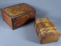 TWO TREEN WORK BOXES with inlay detail and haberdashery contents