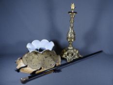 SILVER HANDLED CANE and a brass decorative table lamp