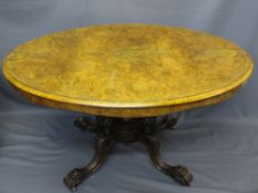 VICTORIAN BURR WALNUT BREAKFAST TABLE, the oval top having string and leaf swag inlay on a four