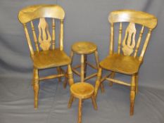 VINTAGE FARMHOUSE STYLE CHAIRS, a pair, and two wooden stools, various measurements