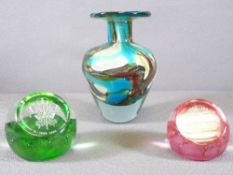 Mdina VASE, 16cms H and two commemorative paperweights by 'Caithness'