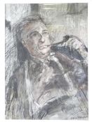 WILLIAM SELWYN watercolour - head and shoulders portrait of a pipe smoking Moss Williams, artist and