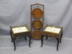 FOLDING MAHOGANY CAKE STAND and two interesting sea shell displays on Queen Anne legs, 36cms sq