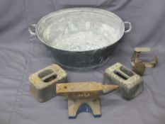 GALVANIZED TIN TUB, a 56lb Anvil and other cast iron items