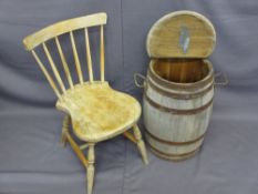 OAK LIDDED BARREL with carry handles and a child's spindleback farmhouse chair, 46 and 60cm