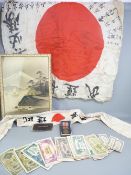 JAPANESE WWII INTEREST including a silk 'Good Luck/Prayer' flag, 69 x 79cms, a kamikaze pilot's