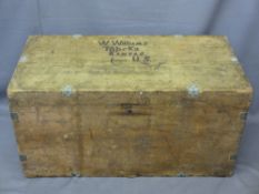 VINTAGE PINE CAPTAIN'S CHEST with iron carry handles, the top marked 'W Williams Topeka, Kansas,