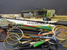 SHOOTING STICKS, mixed curtain pole kits, boxed body blade and a mixed selection of tennis and
