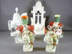 STAFFORDSHIRE FLATBACKS, ecclesiastical with font base, spill holders and other Staffordshire