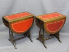 TWO REPRODUCTION TWIN-FLAP SIDE TABLES with red tooled leather effect tops, 53cms H