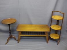 MID-CENTURY OAK COFFEE TABLE, a folding cake stand and a reproduction mahogany tripod wine table,
