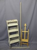 LIGHTWOOD FOLDING ARTIST'S EASEL, vintage set of steps and a wooden rake