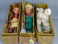THREE PELHAM PUPPETS in original boxes including type S L Hansell and Gretel with a white fur