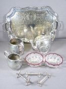 EPNS - three piece tea service, condiment servers, tray ETC
