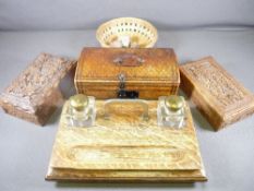 POLISHED DESK STAND with square based glass inkwells, carved jewellery boxes ETC