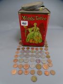 MILADY TOFFEE VINTAGE TIN containing a bag of mainly current coinage