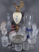 ETCHED & OTHER GLASSWARE, a blush china and metalware type ewer ETC