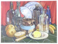 MOSS WILLIAMS watercolour - richly coloured still life study of bottles, two plates, a jug and fruit