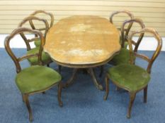 VICTORIAN STYLE SHAPED TOP PEDESTAL DINING TABLE and 6 balloon back chairs, 193cms approximate table