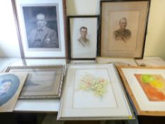 TWO PORTRAITS OF MILITARY FIGURES, other sundry prints, portraits and paintings and a dressing table