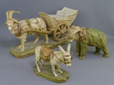 THREE ROYAL DUX PORCELAIN ANIMALS including a 19cms length elephant, 15.5cms length donkey and a